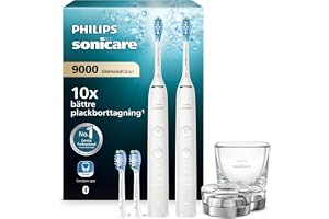 Sonicare DiamondClean 9000 elektrisk tandborste, dubbelpack, sonisk tandborste med app, trycksensor, 4 borstlägen, 3 intensitetsnivåer, laddningsglas, vit, modell HX9914/62