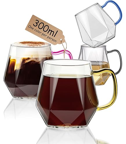QHYK Transparante glazenset, 310 ml, waterglazen met gekleurd handvat, geschikt voor theeglazen, sapglazen, koffieglazen, voor feest, restaurant, bruiloften, set van 6 glas