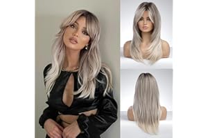 Honygebia Peluca Marrón Ombre con Flequillo - Pelucas Marrones Claras para Mujer, Cabello Sintético Resistente al Calor de Aspecto Natural - Las Mejores Pelucas para Halloween/Fiesta