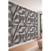 3D G&ouml;r&uuml;n&uuml;ml&uuml; Gri Metalik Panel ve Bakır Detaylı Geometrik Tek Par&ccedil;a Tekstil Duvar Kağıdı, 100 x 100