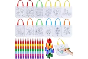 Delsen DIY Kinder Stoffbeutel Set, 12 Stück Stoffbeutel zum Bemalen für Kinder und 12 Stück Stapelbare Wachsmalstifte(7 Farben in 1), Non-Woven kinder stoffbeutel set für kindergeburtstag