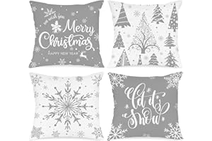 Lanpn Biało-szare świąteczne poszewki na poduszki 45 x 45 zestaw 4 sztuk, dekoracyjne, zimowe płatki śniegu 45 x 45 do domu, sypialni, pokoju świątecznego, dekoracje na kanapę