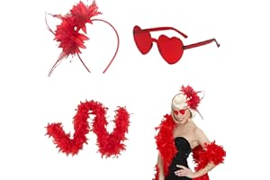 PMELCXD Feder Haarreif mit Künstlichen Blumen,Vielseitiges Federboa Set - 2M Farbenfrohe Federboa, Herzförmige Brillen und Federblumen-Stirnband, Ideal für Partys und Veranstaltungen