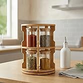 Deconox Doğal Bambu 360&deg; D&ouml;ner Standlı 10'lu Cam Baharatlık Seti - B&uuml;y&uuml;k Boy (250 ml) Ahşap Kapaklı Baharat Takımı
