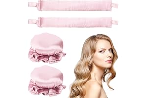 QOCO 2PCS Heatless Hair Curler,Satin Hair Curls Rollers Set Headband Heatless Curlers Rod with Hair Curling Sleep Bun Caps for Long Short Hair Soft Curl Overnight Lazy DIY Heatless Styling Tools (Pink)