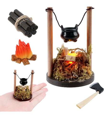 Miniatur Lagerfeuer Mit Kessel – Puppenhauszubehör 1:12, Aus Holz & Stroh Mit LED-Beleuchtung