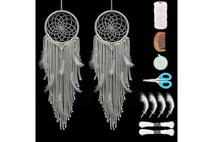 FREEBLOSS 2 Set Pure White DIY Dreamcatcher Kit Feather Macrame Dreamcatcher Boho Wall Decor Macrame Wall Hanging Decoration Macrame Kit for Beginners