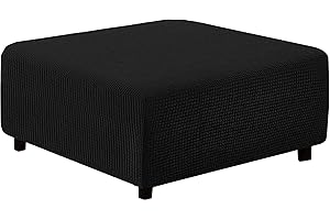 qiden Square Footstool Cover Jacquard Plush Thicker Large Stretch Pouffe Cover Anti-Slip Ottoman Slipcovers With Elastic Bottom, Machine Washable-Black-XLarge