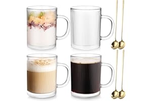 Anhow Szklane kubki do kawy, klasyczne kubki do latte w paski, z uchwytem, odporne na temperaturę, borokrzemowe, do cappuccino, macchiato, herbaty, mleka, soku, zimnych i gorących napojów