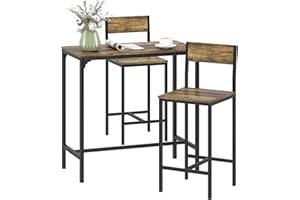 HOMCOM 3-Piece Bar Table and Stools Set, Industrial Breakfast Bar Set with Footrest, Backrest, Metal Frame, Kitchen Table and 2 Chairs for Dining Room, Small Space, Rustic Brown