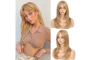 SOKU Honey Blonde Perruque Lisse Naturelle pour Femme Synthétique Layered 20 Pouces Perruques Résistantes à la Chaleur avec Frange Longueur d'Épaule 50cm Cheveux pour Un Usage Quotidien