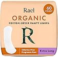 Rael Organic Cotton Cover Panty Liners for Women - Light Absorbency, Vegan, Cruelty Free, Hypoallergenic, Unscented, Chlorine Free, Bulk Buy (Extra Long, 60 Count)