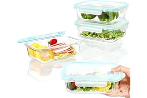 ERUIV - Contenitori Ermetici Per Alimenti Vetro - 4 pezzi (4 contenitori e 4 coperchi,1040 ml ciascuno, In omaggio regalo 1 spugna per la pulizia) Senza BPA impilabile Contenitore Vetro Meal Prep