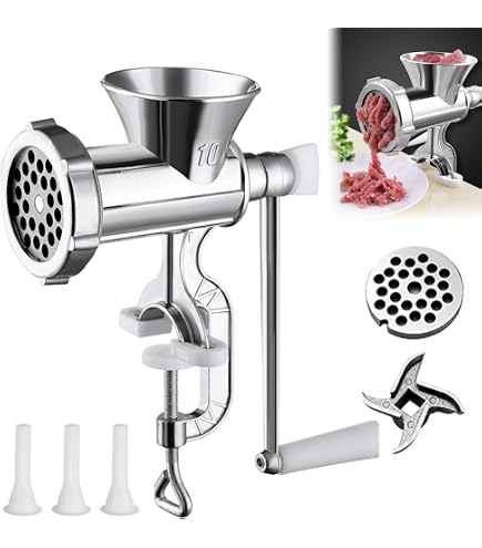 Hachoir à Viande Manuel En Acier Inoxydable - Avec 3 Tubes à Saucisses Et Lame Tungstène, Grande Capacité (diamètre Trémie 8.4 Cm)