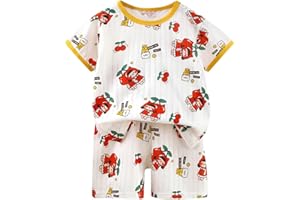 XINYUNZU Schlafanzug Kinder Kurz Pyjama Set Shorts und T-Shirt mit Schulterknöpfen Sommer Outfit 2-Teiliges Kleidung Leicht Hausanzug Aufdruck Kleidung Schlafanzüge für Jungen und Mädchen