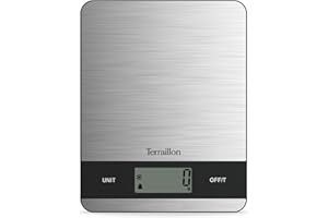 TERRAILLON - SLIM STEEL - Balance de cuisine électronique, Grand écran LCD, Plateau Slim 18.4 x 14.4 cm, Capacité 5 kg, Graduation 1 g,Tare - Convesion liquides, Arrêt automatique, Inox