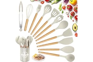 KAWAOLOGY Utensilios de Cocina de Silicona 12 Piezas, set di utensili da cucina per pentole antiaderenti, al Calor y Antiadherentes con Mango de Madera para Utensilios sin BPA (Caqui)