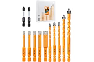 Upgraded Tile and Masonry Drill Bits Set (5/6/6/8/10mm)*2, EXFEIN Diamond Drill Bits & Carbide Drill Bits 10-Piece and 2-Piece Magnetic Screwdriver Bits for Wood Plastic Tile Concrete Brick Marble