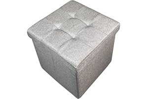 HomeHarmony® Quilted Top Folding Storage Ottoman Seat, Stool, Toy Storage Box Linen Look (Grey, Medium)