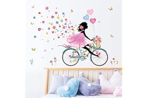 decalmile Adesivi Murali Fata Fiori Ragazza Adesivi da Parete Fiore Farfalla Bicicletta Decorazione Murale Camerette Bambini Camera da Letto Soggiorno