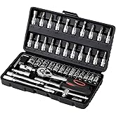 Ordeluxe Socket Set 46pcs Cr-V, 72 Teeth 1/4 Inch Ratchet Spanner, Small Ratchet with Case Tools, Chrome and Polished Sockets