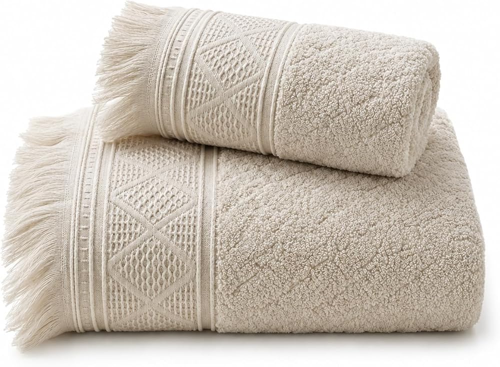 SOGUD Valmia 2'li Banyo Havlu Seti -%100 Pamuk Jakarlı Büyük Boy Banyo Havlusu 90x150 cm - El Yüz Havlusu 50x90 cm - Yumuşak Püsküllü Çeyizlik Takım - Yüksek Emicilik - Kadın Erkek - Taş Rengi