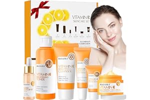 HASAIKA® Vitamina C Pack Regalo, Set de Cuidado Facial con Vitamina C Incluye Limpiador de Tóner, Crema Facial y Suero, para Nutre e Hidrata el Rostro, 6 piezas