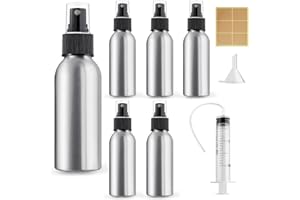 Furuising 5 Pezzi Flacone Spray Vuoto in Alluminio, 100ml Fine Spray Bottle, Piccoli Ricaricabile Bottiglia Spray,Portatile Nebulizzatore con 20ml Siringa, Imbuto per Oli Essenziali, Liquidi Cosmetici