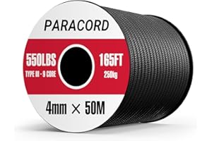 KITDAHOM Paracord 4mm 50M - Paracord 550 Tipo III 9 Hebras, Cuerda y Cordón 100% Poliéster, para Camping/Supervivencia/Correa de Perro/Collar/Pulsera, Máx. 250 kg/550 lbs (Negro)