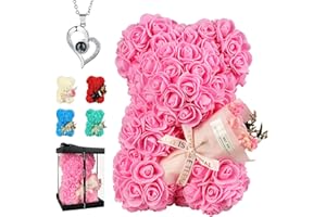 POHOMEGK Orso rosa artificiale, orsetto di peluche a con fiori, ideale come regalo per San Valentino, Festa della Mamma, regalo di compleanno, cerimonie nuziali, con scatola regalo trasparente (Rosa)