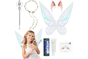 LEZEHEA Disfraz Hada Niña,Alas de Hada+Orejas de Elfo+Guirnalda +Varita Mágica+Glitter Gel+Calcomanías Faciales,Disfraz Carnaval Niña Mariposa Niña,para Carnaval,Cosplay,Mascaradas