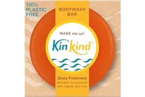 KinKind WAKE me up! BodyWash bar. Zesty freshness with foaming Mandarin and Grapefruit fragrance. Up to 30 washes, plastic & paraben free. Vegan. UK hand-made.
