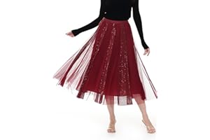GroYolan Falda de Tul Mujer Midi Cintura Alta con Lentejuelas Falda Tutú Elegante Efecto Brillo Corte A Evasé, para Fiesta cóctel graduación Boda y Eventos