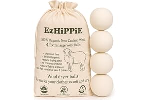 Ezhippie Quality Wool Dryer Balls - 4 XL Pack - 1000+ Loads - Pure Organic Wool - Reusable Natural Fabric Softener Perfect with Essential Oils, Reduce Clothing Static and Wrinkles