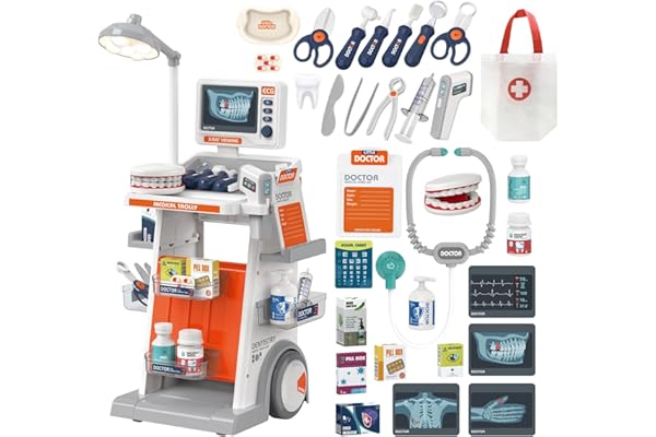 RedCrab Kit Docteur Enfant, 30Pcs Accessoires avec Stéthoscope, Thermomètre, Seringue et Chariot Médical Electronique, Jeu de Rôle Jouets Cadeau pour Enfants dès 3 Ans