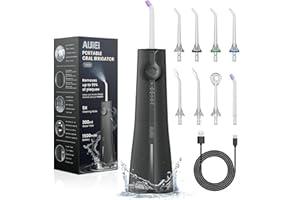 AUIEI Irrigador Dental, Irrigador Bucal Portatil Inalámbrico Profesional 8 Boquillas 5 Modos, USB Recargable Para Limpieza de Dientes, IPX7 Impermeable 300ML, Para Hogar y Viajes (Negro)