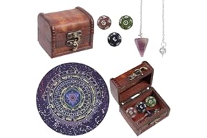 CREATCABIN Tarot Astrology Dice Pendulum Board Set Tarot Astrological Dice Chakra Amethyst Pendants Dowsing Pendulum Kit Witchcraft Wiccan Altar Supplies Spiritual Power for Divination Meditation