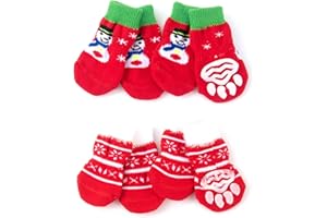MTBRICEY 4 Paires Chaussettes de Noël Antidérapantes pour Chiens,Rouge Protège-Pattes pour Chats,Chaussettes pour Animal avec Renfort en Caoutchouc,Chaussettes de Contrôle de Traction,pour Intérieur Extérieur