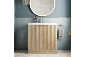 BAYSTONE® Fluted 800mm Bathroom Vanity Unit Ceramic Wash Sink, Cloakroom Storage Furniture Under Basin Cabinet Floorstanding Cupboard, Wood