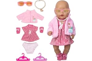 HTTDSLF Kleidung Bekleidung Outfits für Baby Puppen, Puppenkleidung 35-43 cm, 8 teilig Kleid Mantel Socke Halskette Brille Unterwäsche mit 2 Kleiderbügel, Geschenke für Mädchen, Rosa