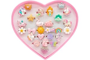 Yeefunjoy 26 Pieces Anillos Niña, Anillos para niñas, Anillos Ajustables con Caja en Forma de Corazón, Princesa Joyas Pretend Play Dress up Rings joyeria Unicornio Fiesta Cumpleaños Regalos para Niños