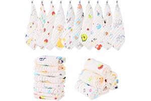 Radsocken 10 Pack Muslin Cloths for Baby,25x25CM Muslin Squares Soft Burp Cloths Cotton Baby Wash Cloths, 6 Layers Cotton Baby Towels with Printed Design for Newborn