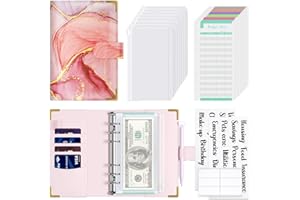 Hnogri Budget Binder with Zipper Envelopes, A6 Money Saving Binder Cash Envelopes for Budgeting, PU Leather Budget Planner Money Organizer for Cash Bills, Floral Budget Wallet for Women, Pink Marble