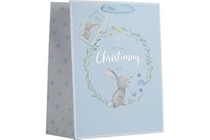 Partisan Products White Kraft Paper Rabbit Blue Boy Christening Gift Bag With Gift Tag Fully Recyclable Medium