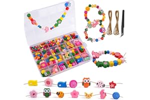 SUNRIZ Holzperlen zum Auffädeln 433 Stück, Bunt Perlen zum Auffädeln Kinder, Blumen und Tiere Holzperlen mit Schnur, für DIY Armbänder Bastelset Schmuckherstellung