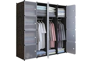 XOKOTAKI Armadio Componibile, Scaffalatura Modulare, Armadio Componibile Porta Abiti per Casa, Scaffale Portaoggetti per Cameretta, 16 Moduli, 3 Barre, 140x140 cm, Colore Nero