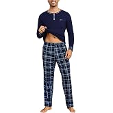 Litherday Men's Pyjamas Cotton Winter Long Sleeve | Men's 2 Piece Set with Plaid Pants and Comfortable T-Shirt Sleepwear S-XX