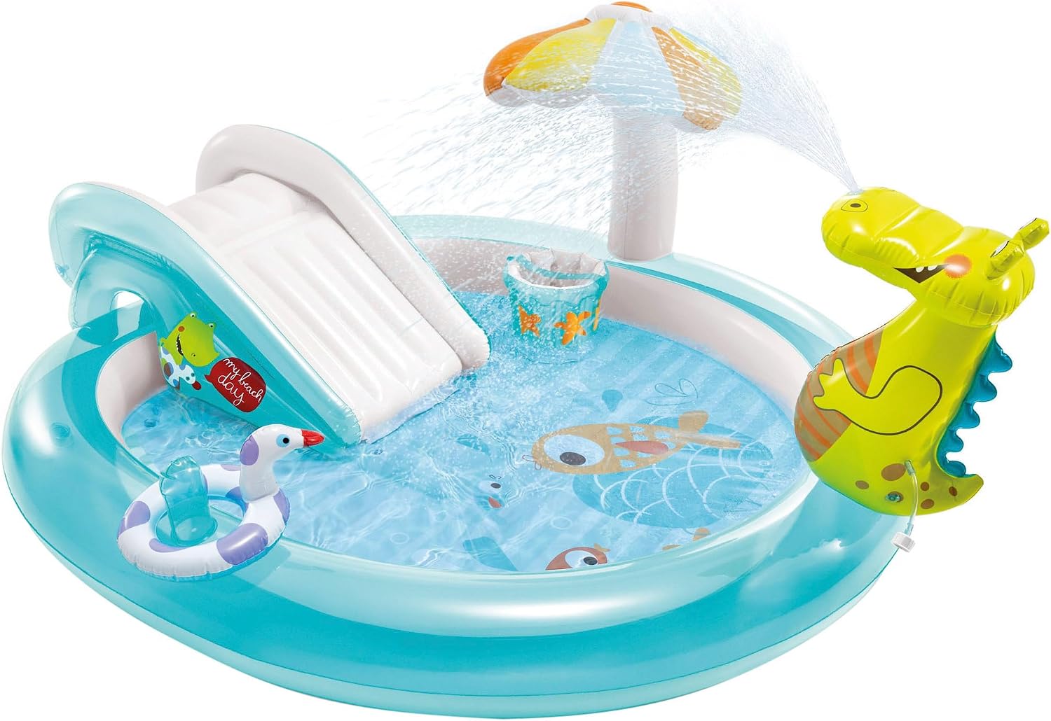 INTEX 57165 - Piscina infantil hinchable con dispersor de agua y tobogan cocodrilo, centro de juegos para niños