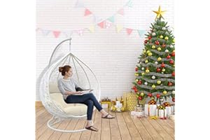 GadgetHaven Egg Chair - Outdoor Hanging Chair with Weather-Resistant Rattan, Thick Cushion & Steel Frame - Modern Patio Furniture for Garden, Balcony & Poolside (White Egg Chair & White Cushion)
