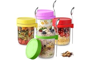 Ulrikco 4 Pack Reusable Overnight Oats Jars with Lids and Spoons, 300ML Airtight Glass Overnight Oats Container with Measurement Marks, Wide Mouth Mason Jars for Salads Yogurt Cereal Milk
